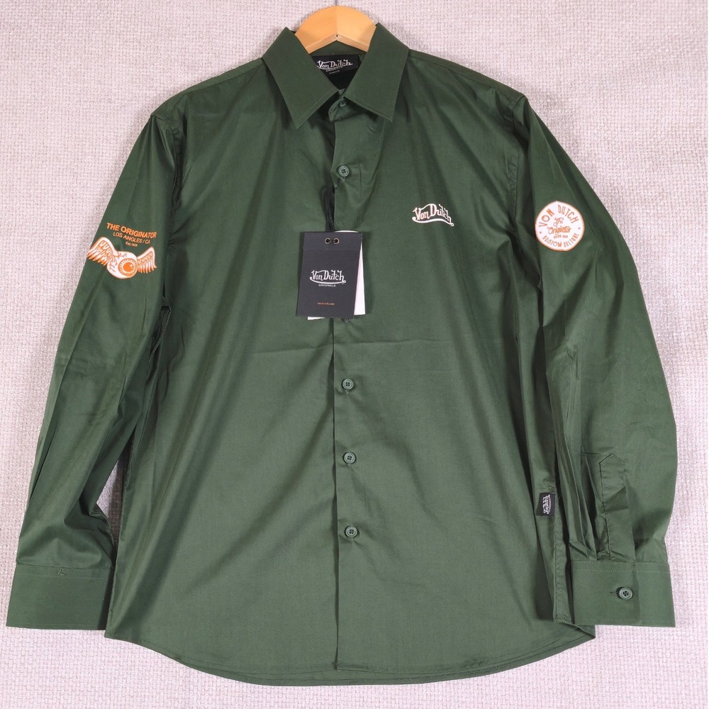 NWT Von Dutch Men's Forest Green Button Up Shirt The Originator California Sz M